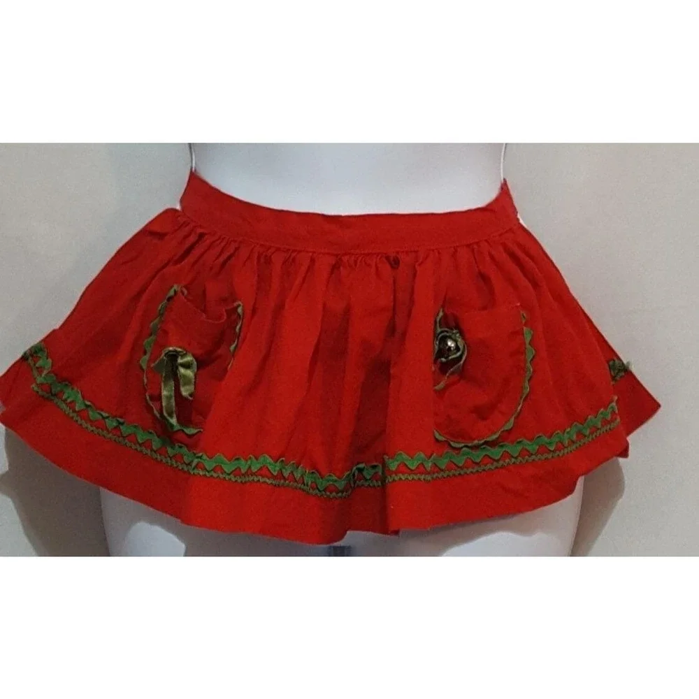 Childs Vintage Half Apron Christmas Red  Jingle Bells Green Rick Rack